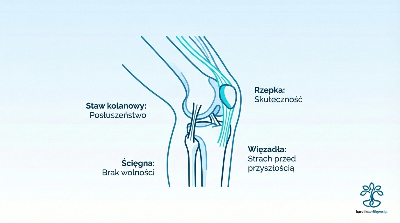 Mapa emocjonalnych przyczyn bólu kolana - posłuszeństwo, skuteczność, brak swobody, lęk przed przyszłością - Biologia Totalna psychosomatyka